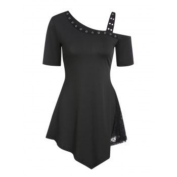 Lace Panel Gothic T Shirt Long Irregular Hem Skew Collar Grommet Short Sleeve Tee, Black
Lace Panel Gothic T Shirt Long Irregular Hem Skew Collar Grommet Short Sleeve Tee, Black
