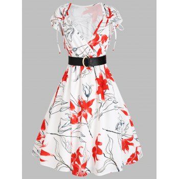 Vacation Casual A Line Knee Length Dress Floral Print Surplice Cinched Belted Plunging Summer Dress, White
Vacation Casual A Line Knee Length Dress Floral Print Surplice Cinched Belted Plunging Summer Dress, White