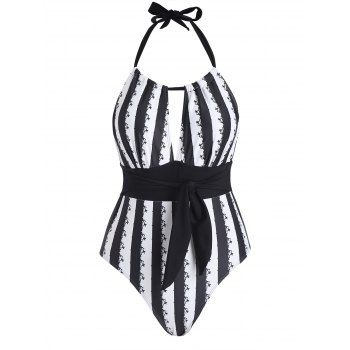 Vacation Floral Striped Print Halter One-piece Swimsuit Cut Out Self Belted Open Back Swimwear, Black
Vacation Floral Striped Print Halter One-piece Swimsuit Cut Out Self Belted Open Back Swimwear, Black