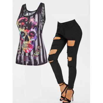 Gothic Skull Rose Flower Print Lace Panel Tank Top and Ripped Skinny Zipper Fly Jeans Summer Casual Outfit, Multicolor
Gothic Skull Rose Flower Print Lace Panel Tank Top and Ripped Skinny Zipper Fly Jeans Summer Casual Outfit, Multicolor