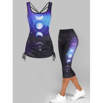 Moon Phase Allover Print Cinched Side Galaxy Tank Top and Galaxy Print Capri Leggings Summer Casual Outfit, Multicolor
Moon Phase Allover Print Cinched Side Galaxy Tank Top and Galaxy Print Capri Leggings Summer Casual Outfit, Multicolor