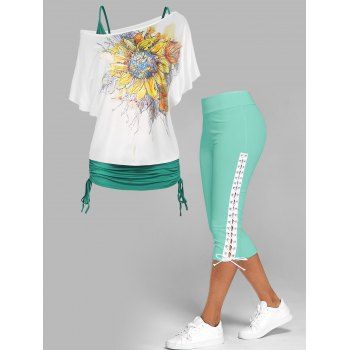 Vacation Sunflower Print T Shirt Cinched Cami Top and Lace Up Skinny Crop Leggings Summer Casual Outfit, Green
Vacation Sunflower Print T Shirt Cinched Cami Top and Lace Up Skinny Crop Leggings Summer Casual Outfit, Green
