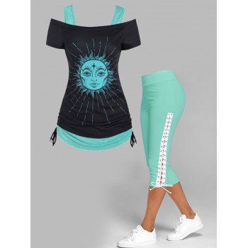 Celestial Sun Off The Shoulder T Shirt Cinched Heathered Tank Top and Lace Up Skinny Crop Leggings Summer Outfit, Green
Celestial Sun Off The Shoulder T Shirt Cinched Heathered Tank Top and Lace Up Skinny Crop Leggings Summer Outfit, Green
