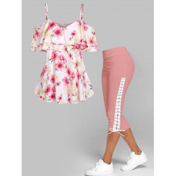 Sunflower Print Cold Shoulder Flounce Blouse and Lace Up Skinny Crop Leggings Summer Casual Outfit, Light pink
Sunflower Print Cold Shoulder Flounce Blouse and Lace Up Skinny Crop Leggings Summer Casual Outfit, Light pink