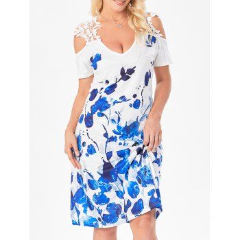 Contrast Leaves Print Cold Shoulder Mini Dress Flower Guipure Lace Strap Short Sleeve Dress, White
Contrast Leaves Print Cold Shoulder Mini Dress Flower Guipure Lace Strap Short Sleeve Dress, White