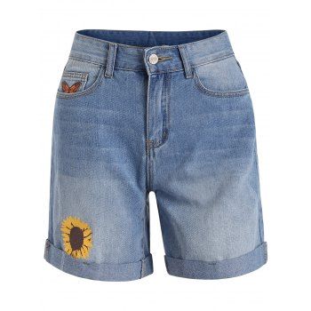 Butterfly Sunflower Print Denim Shorts Pockets Zipper Fly Light Wash Summer Shorts, Blue
Butterfly Sunflower Print Denim Shorts Pockets Zipper Fly Light Wash Summer Shorts, Blue