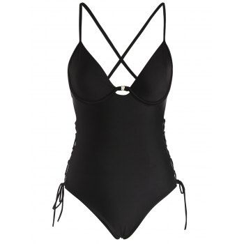 Underwire One-piece Swimsuit Lace Up Lattice Cross Pure Color Swimwear Set, Black
Underwire One-piece Swimsuit Lace Up Lattice Cross Pure Color Swimwear Set, Black