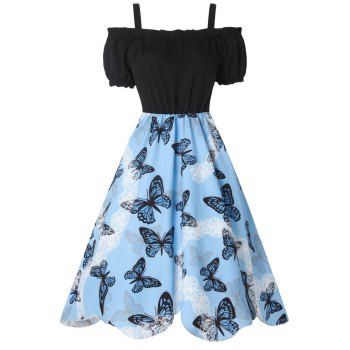 Cold Shouder Asymmetric Dress Butterfly Flower Print Contrast Combo Dress Ruffled Puff Sleeve A Line Dress, Blue
Cold Shouder Asymmetric Dress Butterfly Flower Print Contrast Combo Dress Ruffled Puff Sleeve A Line Dress, Blue