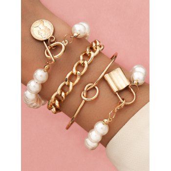 

4 Pcs Vintage Bracelets Faux Pearl Character Pattern Circle Lock Pendant Trendy Bracelets Set, Golden