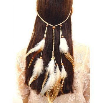 

Ethnic Feather Tassel Headband Beaded Braided Rope Bohemian Hair Accessory, Light coffee
