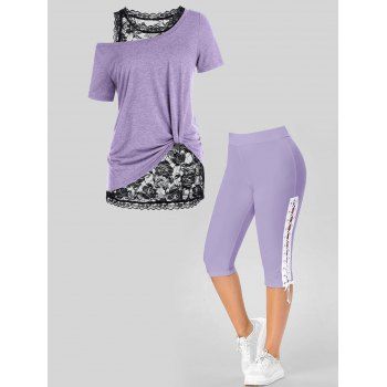 Plus Size Skew Collar Heather T Shirt Floral Lace Tank Top and Lace Up Eyelet Capri Leggings Summer Casual Outfit, Light purple
Plus Size Skew Collar Heather T Shirt Floral Lace Tank Top and Lace Up Eyelet Capri Leggings Summer Casual Outfit, Light purple