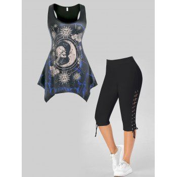 Plus Size Celestial Sun Moon Skull Print Asymmetric Tank Top and Lace Up Eyelet Capri Leggings Summer Casual Outfit, Multicolor
Plus Size Celestial Sun Moon Skull Print Asymmetric Tank Top and Lace Up Eyelet Capri Leggings Summer Casual Outfit, Multicolor