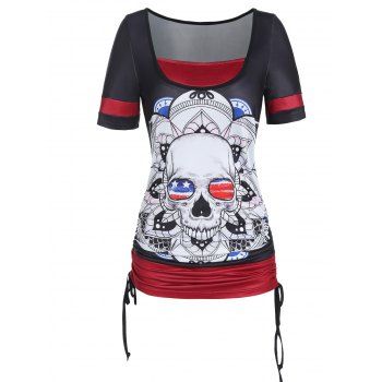 Contrast Colorblock Twofer T Shirt Skull Floral American Flag Print Ruched Cinched Summer Casual Tee, Black
Contrast Colorblock Twofer T Shirt Skull Floral American Flag Print Ruched Cinched Summer Casual Tee, Black