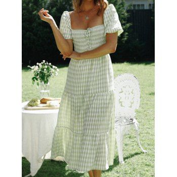 Garden Party Dress Fresh Style Midi Vacation Dress Plaid Print Ruched Bowtie Tiered Puff Sleeve Summer Vacation A Line Dress, Green
Garden Party Dress Fresh Style Midi Vacation Dress Plaid Print Ruched Bowtie Tiered Puff Sleeve Summer Vacation A Line Dress, Green