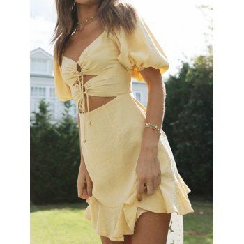Garden Party Dress Mini Vacation Dress Solid Color Ruffle Tied Cut Out Puff Sleeve Summer Cottagecore Style A Line Dress, Light yellow
Garden Party Dress Mini Vacation Dress Solid Color Ruffle Tied Cut Out Puff Sleeve Summer Cottagecore Style A Line Dress, Light yellow