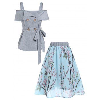 Heather Cold Shoulder Fold Over Mock Button Tied Wrap T Shirt and Chiffon Peach Blossom Tree Print A Line Mini Skirt Summer Outfit, Light gray
Heather Cold Shoulder Fold Over Mock Button Tied Wrap T Shirt and Chiffon Peach Blossom Tree Print A Line Mini Skirt Summer Outfit, Light gray