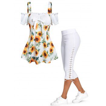Sunflower Print Bowknot Ruffle Cold Shoulder 2 In 1 T Shirt and Solid Color Lace Up Skinny Crop Leggings Summer Casual Outfit, Multicolor
Sunflower Print Bowknot Ruffle Cold Shoulder 2 In 1 T Shirt and Solid Color Lace Up Skinny Crop Leggings Summer Casual Outfit, Multicolor