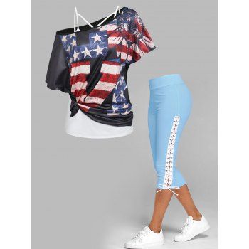 American Flag Print Skew Collar T Shirt Strappy Camisole Two Piece Top and Lace Up Skinny Crop Leggings Summer Casual Outfit, Multicolor
American Flag Print Skew Collar T Shirt Strappy Camisole Two Piece Top and Lace Up Skinny Crop Leggings Summer Casual Outfit, Multicolor