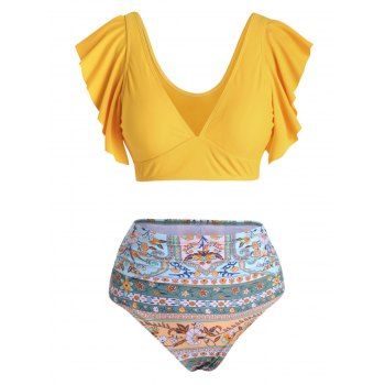 Vacation Tankini Swimsuit Bright Color Bohemian Print Ruched Tummy Control Flutter Sleeve Summer Swimwear, Yellow
Vacation Tankini Swimsuit Bright Color Bohemian Print Ruched Tummy Control Flutter Sleeve Summer Swimwear, Yellow
