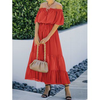 Summer Dress Chiffon Solid Color Off the Shoulder Belted Tied A Line Midi Tiered Casual Dress, Red
Summer Dress Chiffon Solid Color Off the Shoulder Belted Tied A Line Midi Tiered Casual Dress, Red