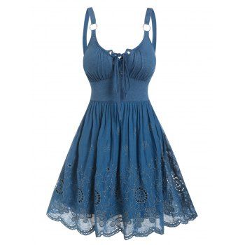 Hollow Out Flower Embroidery Mini Dress O Ring Straps Lace-up A Line Dress Sleeveless Summer Dress, Blue
Hollow Out Flower Embroidery Mini Dress O Ring Straps Lace-up A Line Dress Sleeveless Summer Dress, Blue