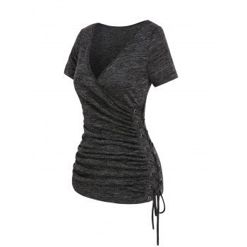 Space Dye Casual T Shirt Lace Up Plunging Neck Short Sleeve Surplice Summer Tee, Dark gray
Space Dye Casual T Shirt Lace Up Plunging Neck Short Sleeve Surplice Summer Tee, Dark gray