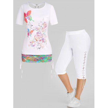 Plus Size Butterfly Rose Print Cut Out Ruched Cinched T Shirt and Lace Up Eyelet Capri Leggings Summer Casual Outfit, Multicolor
Plus Size Butterfly Rose Print Cut Out Ruched Cinched T Shirt and Lace Up Eyelet Capri Leggings Summer Casual Outfit, Multicolor