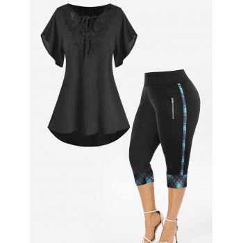 Plus Size & Curve Chiffon Lace Crochet Insert Tie Curved Hem Blouse And Plaid Pattern Cropped Leggings Summer Outfits, Black
Plus Size & Curve Chiffon Lace Crochet Insert Tie Curved Hem Blouse And Plaid Pattern Cropped Leggings Summer Outfits, Black