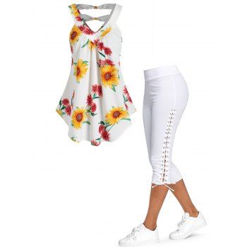 Sunflower Print Double V Neck Tank Top and Lace Up Skinny Crop Leggings Summer Casual Outfit, Multicolor
Sunflower Print Double V Neck Tank Top and Lace Up Skinny Crop Leggings Summer Casual Outfit, Multicolor