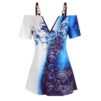 Plus Size Casual T Shirt Galaxy Leaf Rose Print Half Zipper Colorblock Cold Shoulder Summer Tee, Blue
Plus Size Casual T Shirt Galaxy Leaf Rose Print Half Zipper Colorblock Cold Shoulder Summer Tee, Blue