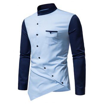 Casual Shirt Colorblock Front Pocket Stand Collar Asymmetrical Hem Oblique Button Closure Long Sleeve Shirt, Blue
Casual Shirt Colorblock Front Pocket Stand Collar Asymmetrical Hem Oblique Button Closure Long Sleeve Shirt, Blue
