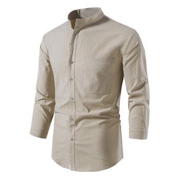 

Roll Up Half Sleeve Linen Shirt Pocket Patch Plain Button Up Stand Up Collar Casual Basic Shirt, Light khaki