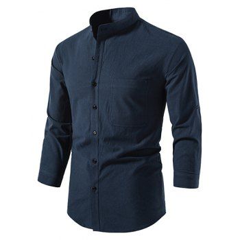

Roll Up Half Sleeve Linen Shirt Pocket Patch Plain Button Up Stand Up Collar Casual Basic Shirt, Cadetblue