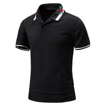 Casual T Shirt Striped Embroidery Leaf Rose Pattern Turn Down Collar Short Sleeve Summer Tee, Black
Casual T Shirt Striped Embroidery Leaf Rose Pattern Turn Down Collar Short Sleeve Summer Tee, Black