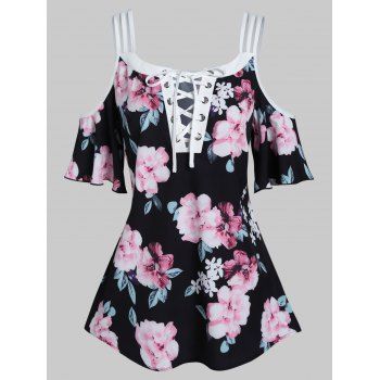 Summer T Shirt Flower Print Cold Shoulder T-shirt Strappy Lace Up Flare Sleeve Tee, Black
Summer T Shirt Flower Print Cold Shoulder T-shirt Strappy Lace Up Flare Sleeve Tee, Black