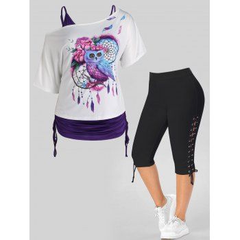 Plus Size Solid Color Cinched Tank Top Dreamcatcher Floral Owl Print Skew Neck Ruched T Shirt and Lace Up Eyelet Capri Leggings Summer Casual Outfit, Multicolor
Plus Size Solid Color Cinched Tank Top Dreamcatcher Floral Owl Print Skew Neck Ruched T Shirt and Lace Up Eyelet Capri Leggings Summer Casual Outfit, Multicolor