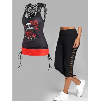 Gothic Colorblock Rose Skull Print Lace Panel Cinched Tank Top And Lace Up Capri Leggings Summer Outfits, Multicolor
Gothic Colorblock Rose Skull Print Lace Panel Cinched Tank Top And Lace Up Capri Leggings Summer Outfits, Multicolor