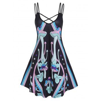 Summer Dress Mushroom Leaf Striped Print Tank Dress Crossover Double Straps A Line Dress, Black
Summer Dress Mushroom Leaf Striped Print Tank Dress Crossover Double Straps A Line Dress, Black