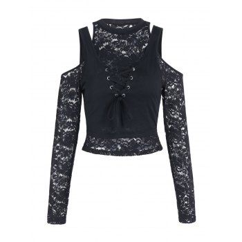 Gothic Two Piece Set Lace Up Crop Tank Top And Cold Shoulder Long Sleeve Flower Lace T Shirt, Black
Gothic Two Piece Set Lace Up Crop Tank Top And Cold Shoulder Long Sleeve Flower Lace T Shirt, Black