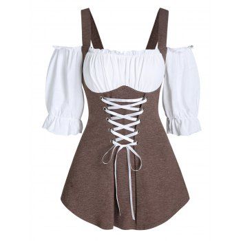 Summer Contrast Faux Twinset Top Lace Up Corset Style Twofer Top Cold Shoulder Ruffles 2 In 1 Top, Deep coffee
Summer Contrast Faux Twinset Top Lace Up Corset Style Twofer Top Cold Shoulder Ruffles 2 In 1 Top, Deep coffee