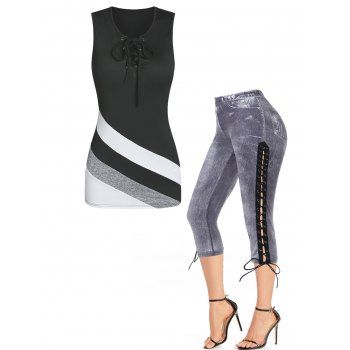 Lace Up Contrast Colorblock Tank Top And Lace Up Hollow Out Capri Jeggings Summer Outfit, Multicolor
Lace Up Contrast Colorblock Tank Top And Lace Up Hollow Out Capri Jeggings Summer Outfit, Multicolor