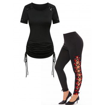 Solid Color Cinched Ruched Lace Insert T Shirt and High Rise Plaid Print Cut Out Lace Up Long Leggings Summer Casual Outfit, Black
Solid Color Cinched Ruched Lace Insert T Shirt and High Rise Plaid Print Cut Out Lace Up Long Leggings Summer Casual Outfit, Black