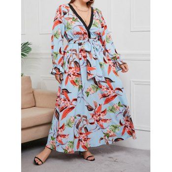 Plus Size Dress Allover Flower Leaf Print Vacation Dress Plunging Neck Long Sleeve Belt Maxi Dress, Light blue
Plus Size Dress Allover Flower Leaf Print Vacation Dress Plunging Neck Long Sleeve Belt Maxi Dress, Light blue