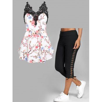 Hollow Out Lace Insert Floral Print Cami Top and Lace Up Skinny Crop Leggings Summer Casual Outfit, Multicolor
Hollow Out Lace Insert Floral Print Cami Top and Lace Up Skinny Crop Leggings Summer Casual Outfit, Multicolor