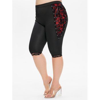 Plus Size Casual Capri Leggings Lace Up Rose Lace Panel Colorblock Elastic Waist Summer Leggings, Black
Plus Size Casual Capri Leggings Lace Up Rose Lace Panel Colorblock Elastic Waist Summer Leggings, Black