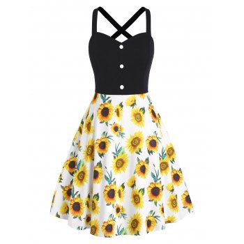 Plus Size Dress Sunflower High Waisted Dress Mock Button Criss Cross A Line Mini Dress, Yellow
Plus Size Dress Sunflower High Waisted Dress Mock Button Criss Cross A Line Mini Dress, Yellow