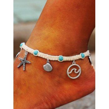 

Beach Anklet Starfish Shell Waxy Geometric Charms Faux Turquoise Braided Rope Trendy Summer Ankle Chain, Silver