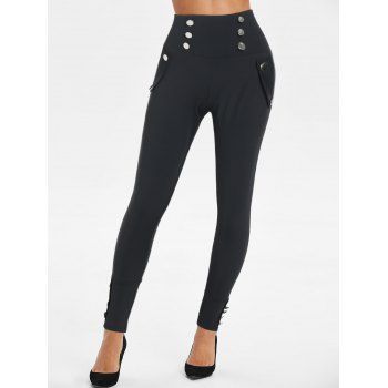 Wide Waist Leggings Mock Button High Rise Pure Color Long Skinny Leggings, Black
Wide Waist Leggings Mock Button High Rise Pure Color Long Skinny Leggings, Black