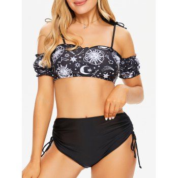 Vintage Bikini Swimsuit Celestial Sun Moon Print Cold Shoulder Puff Sleeve Cinched Summer Beach Swimwear, Black
Vintage Bikini Swimsuit Celestial Sun Moon Print Cold Shoulder Puff Sleeve Cinched Summer Beach Swimwear, Black