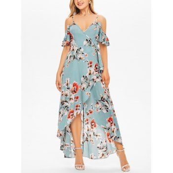 Vacation Chiffon Layered Dress Wrap Rose Flower Print Cold Shoulder Self Belted A Line Maxi Dress, Light blue
Vacation Chiffon Layered Dress Wrap Rose Flower Print Cold Shoulder Self Belted A Line Maxi Dress, Light blue